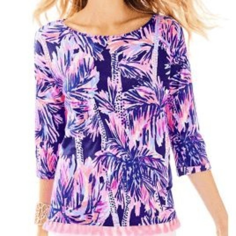 Lilly Pulitzer Mercer Top - NWT - Palms Up Reduced - Bright Navy - Tassels
